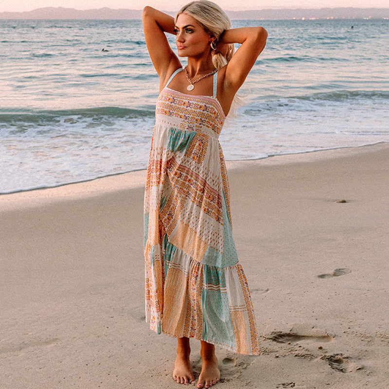 Seaside Beach Vacation Spaghetti Strap Maxi Dress Summer Bohemian Sling Dress