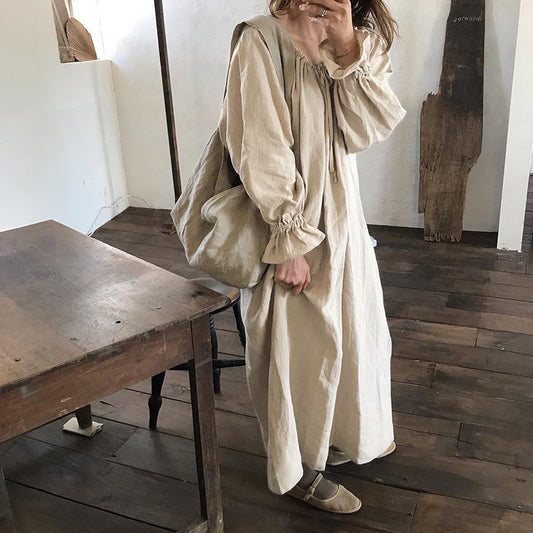 Autumn Special Interest Artistic Long Sleeve Dress Pleated Tie Loose Design Pure Cottom Long Dress