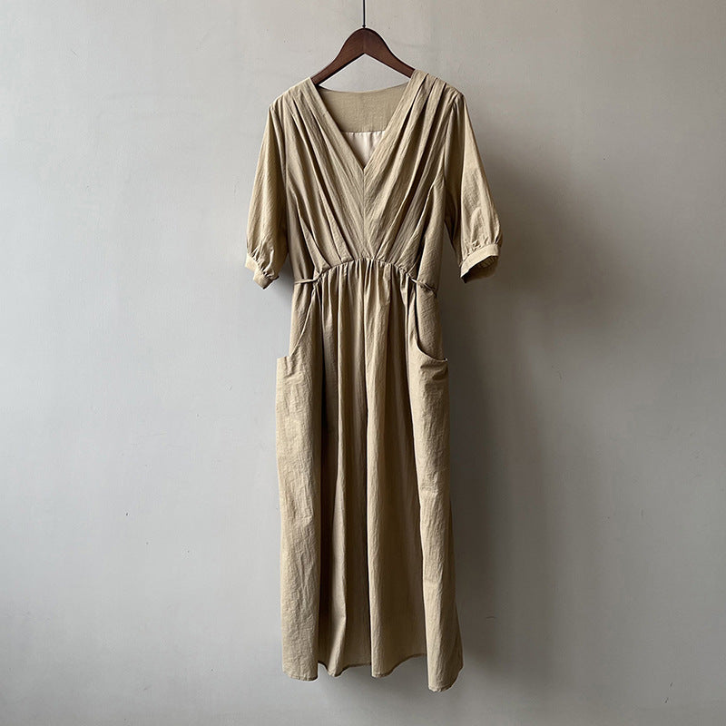 Robe plissée rétro à col en V, robe d'été élégante à lacets, taille mi-longue