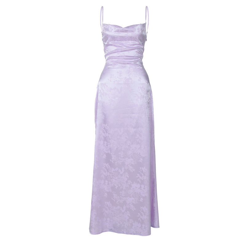 Robe longue en Satin français pour femmes, vêtements d'été Sexy, col rond, dos nu, écharpe