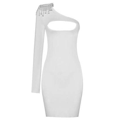 Spring Autumn One Shoulder Diagonal Collar Bandage Dress Sexy Hollow Out Cutout Long Sleeved Diamond Evening Dress Party Tight Dress