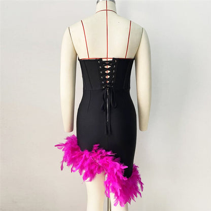 Vestido ajustado de tubo sexy, vestido de fiesta con cintura de plumas asimétrica irregular