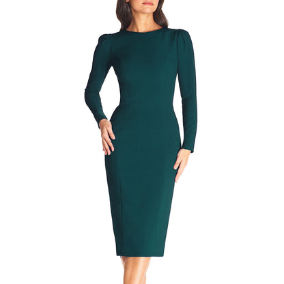 Solid Color round Neck Slim Sheath Long Sleeve Zipper Split Dress Women Clothing