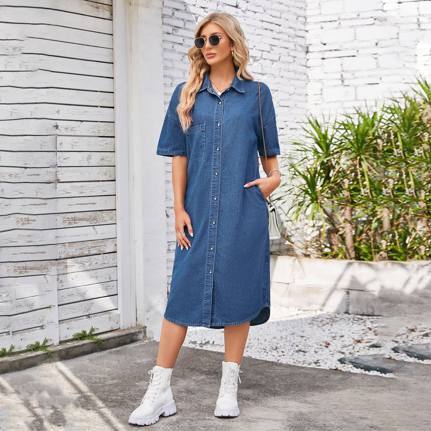 Robe ample à manches courtes en denim lavé au printemps pour femmes