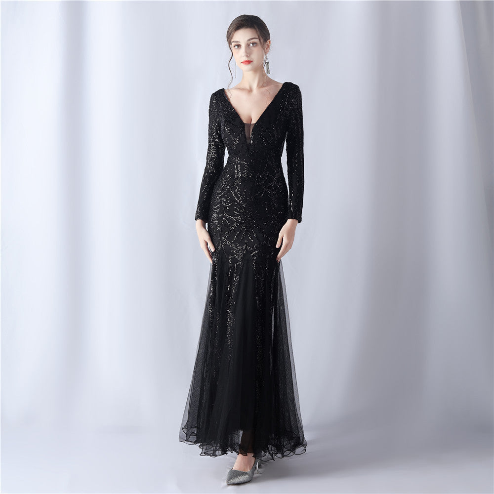 Mesh Sequin Wedding Dinner Annual Meeting Host Long Sleeve Evening Dress