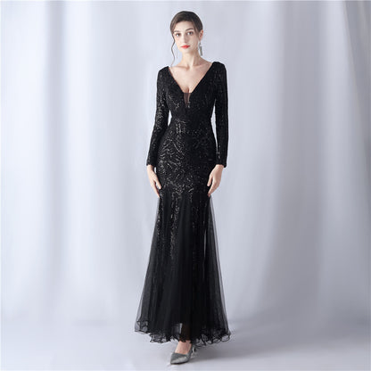 Mesh Sequin Wedding Dinner Annual Meeting Host Long Sleeve Evening Dress