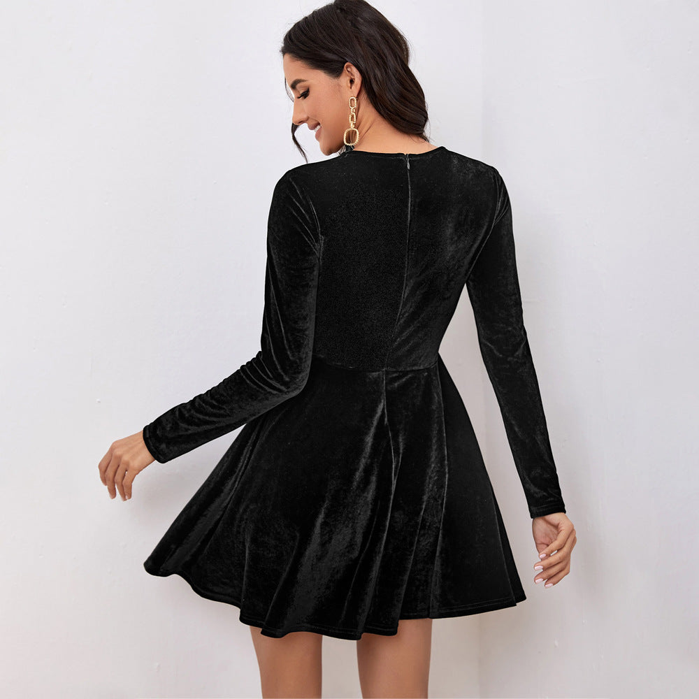 Women Clothing round Neck Long Sleeve Velvet Dress Autumn Winter Elegant A line Dress