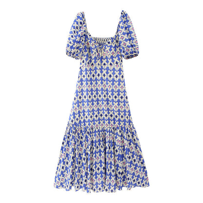 Robe midi smockée imprimée sur la poitrine et à lacets dans le dos pour femmes