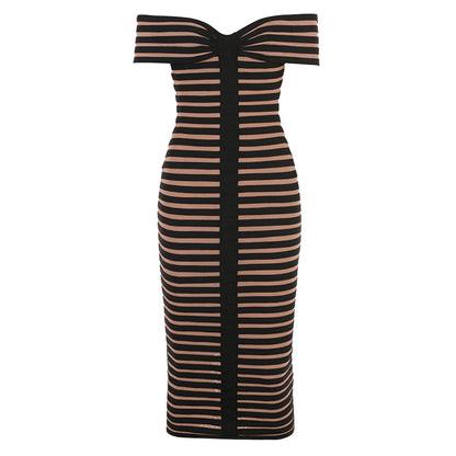 Sexy Off houlder Striped Mesh Stitching Bandage One Piece Dress Party Gathering Dress