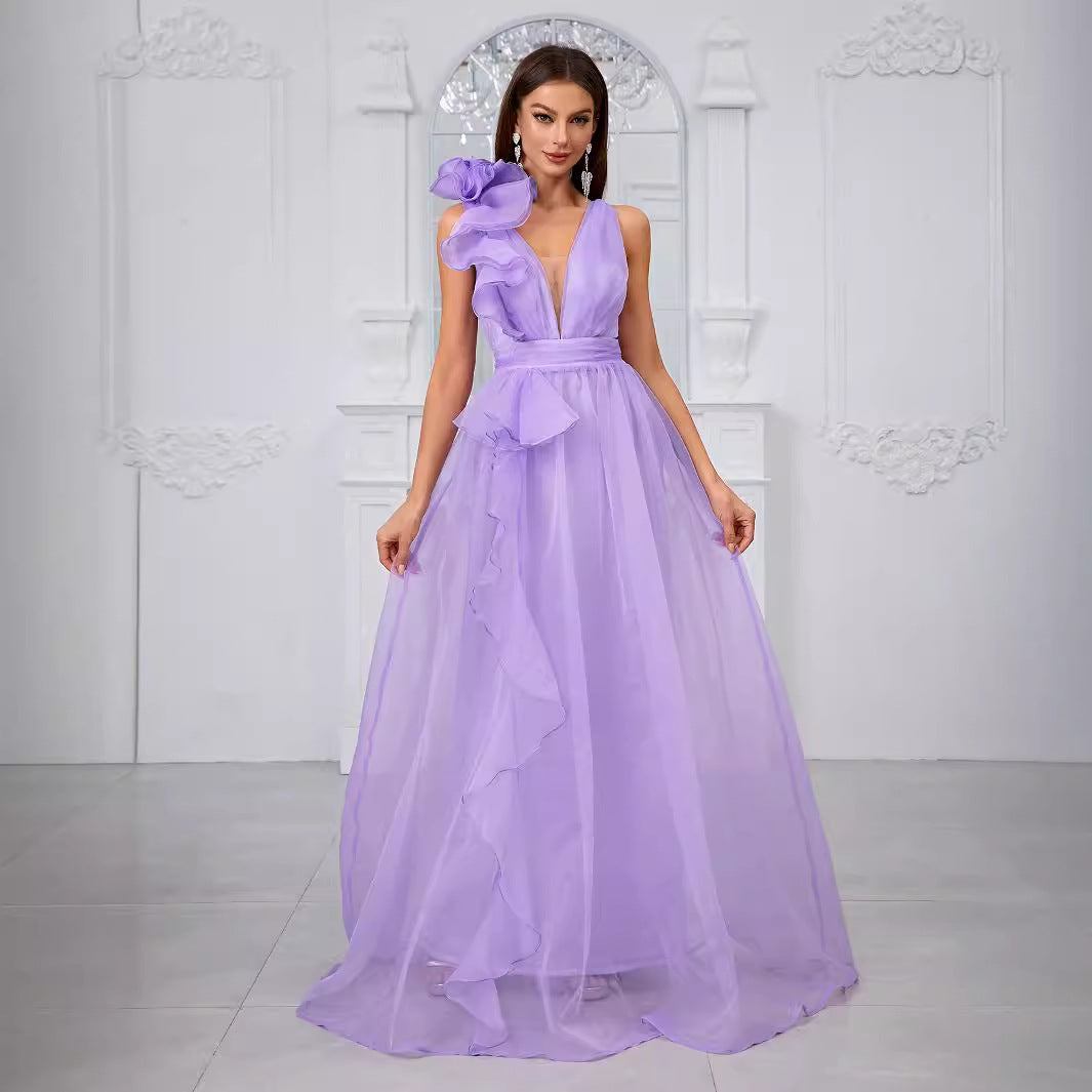 Robe en Organza en dentelle tridimensionnelle pour femmes, sans manches, col en V, ceinture, douce, romantique, robe de soirée