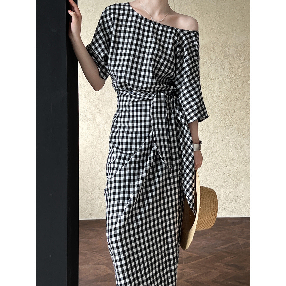 French Irregular Asymmetric Strap Color Contrast Check Dress Women Summer Slimming