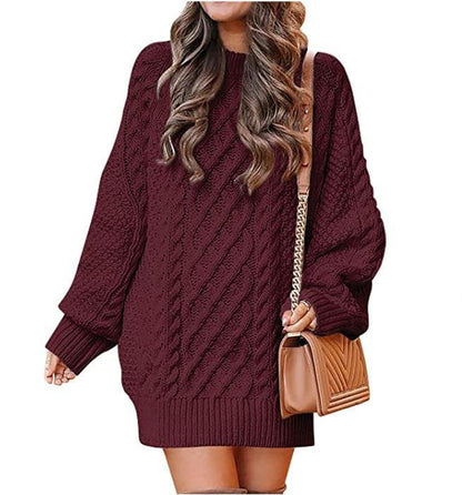 Round Neck Long Sleeve Twisted Knitted Thick Needle Pullover Mid Length Sweater Women Dress