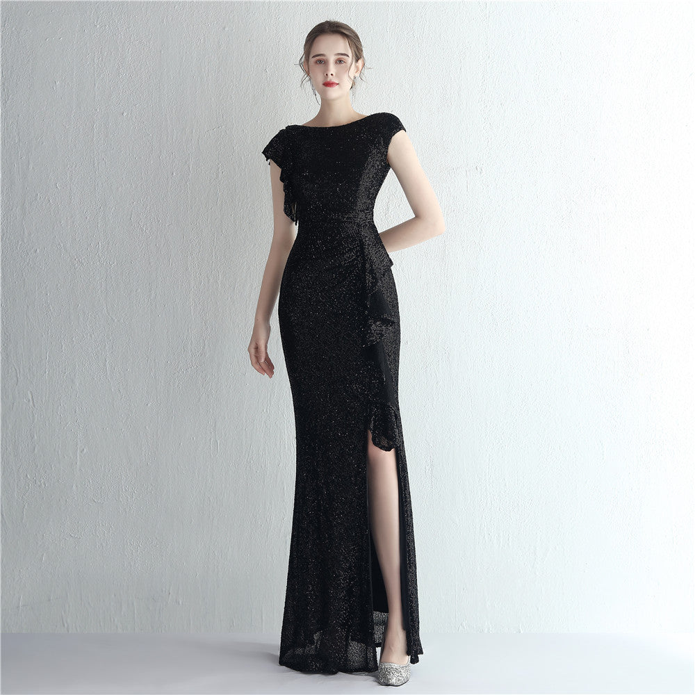 Robe de cocktail fendue longue à paillettes pour femme, tenue de soirée à paillettes, style reine