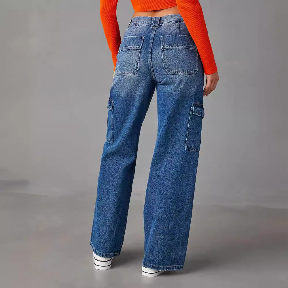 Y2g Jean multi-sacs pour femme, pantalon droit taille haute, ample délavé