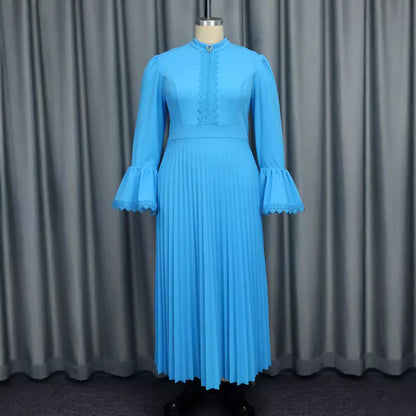 Solid Color Elegant Large Swing Dress Pleated Party Bell Sleeve Dress