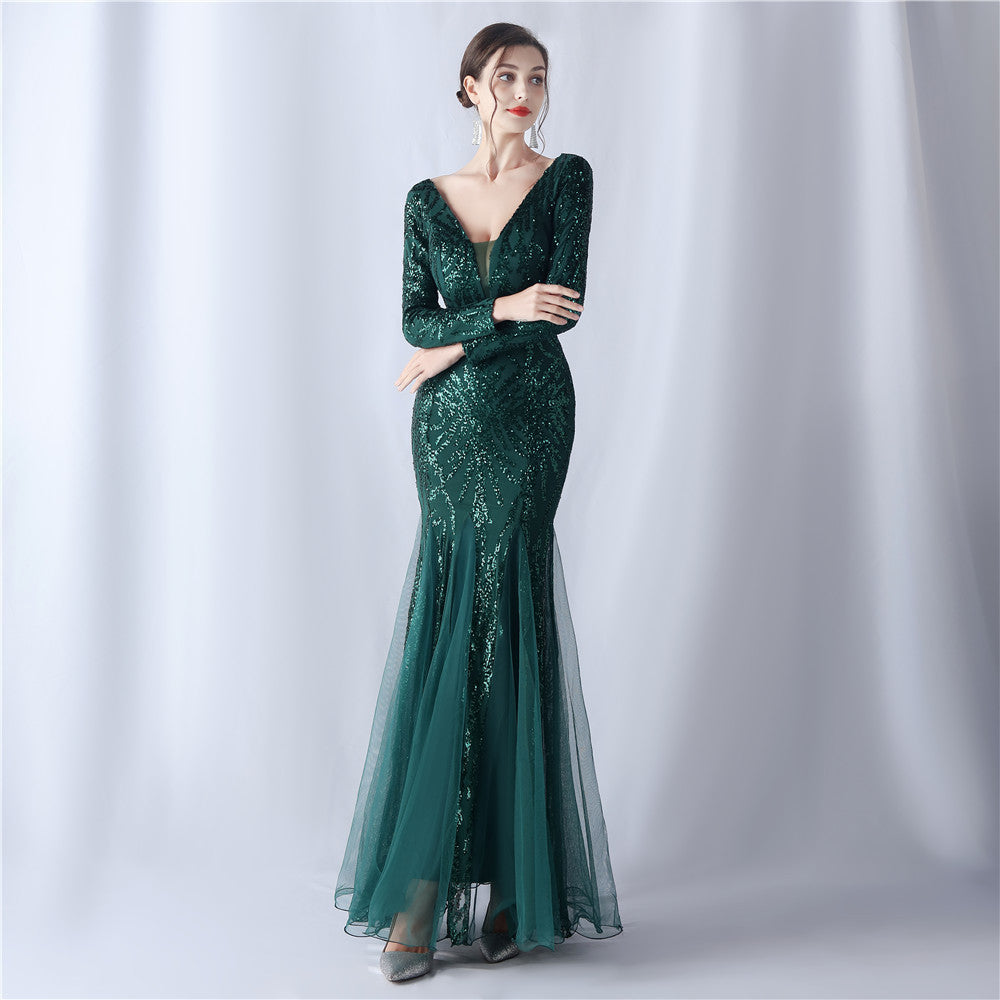 Mesh Sequin Wedding Dinner Annual Meeting Host Long Sleeve Evening Dress