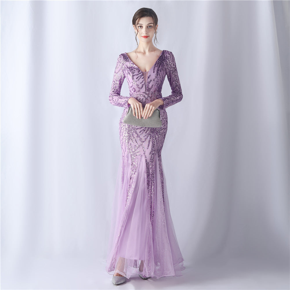 Mesh Sequin Wedding Dinner Annual Meeting Host Long Sleeve Evening Dress