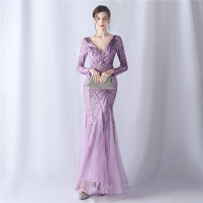 Mesh Sequin Wedding Dinner Annual Meeting Host Long Sleeve Evening Dress