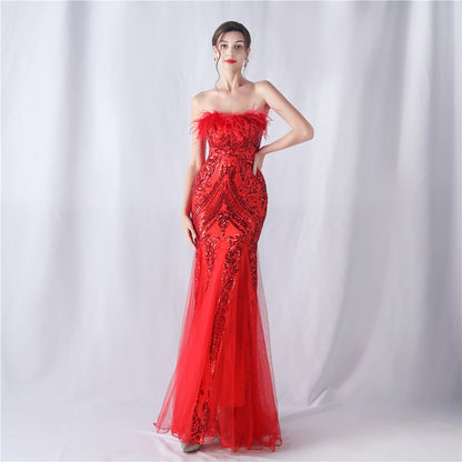 Ostrich Feather Positioning Floral Cutting Wedding Annual Meeting Tube Top Sequin Gauze Evening Dress