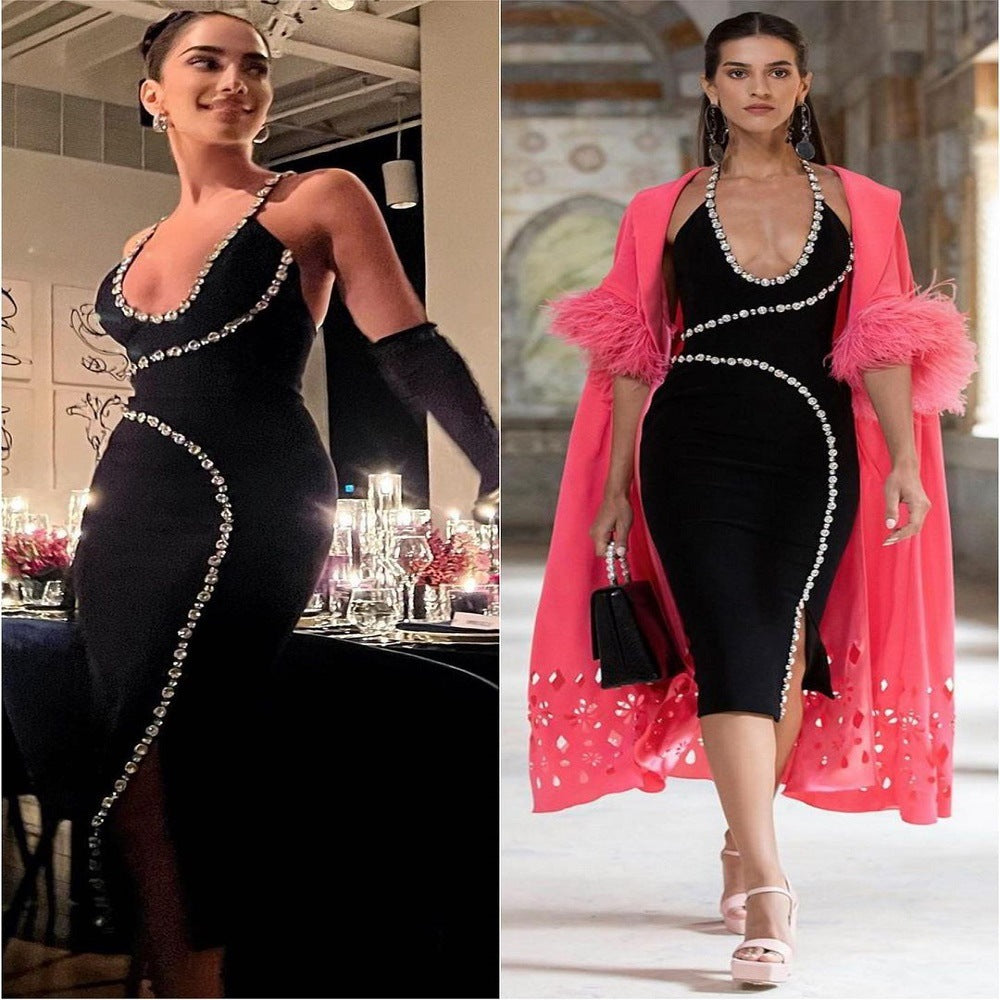 Robe de soirée noire sexy à décolleté plongeant en V et chaîne à clous de l'industrie lourde, robe une pièce en tricot extensible et moulante à bandage