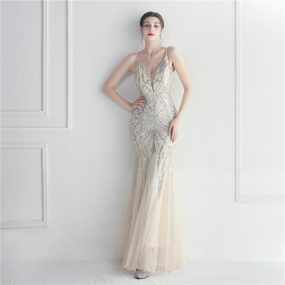 Sequin Gauze Sexy Sling Star Internet Celebrity Grand Ceremony Long Evening Dress