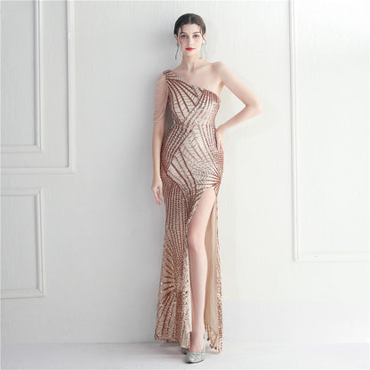 Floral Oblique Shoulder Collar Split Dinner Celebration Host Sexy Sequined Long Evening Dress