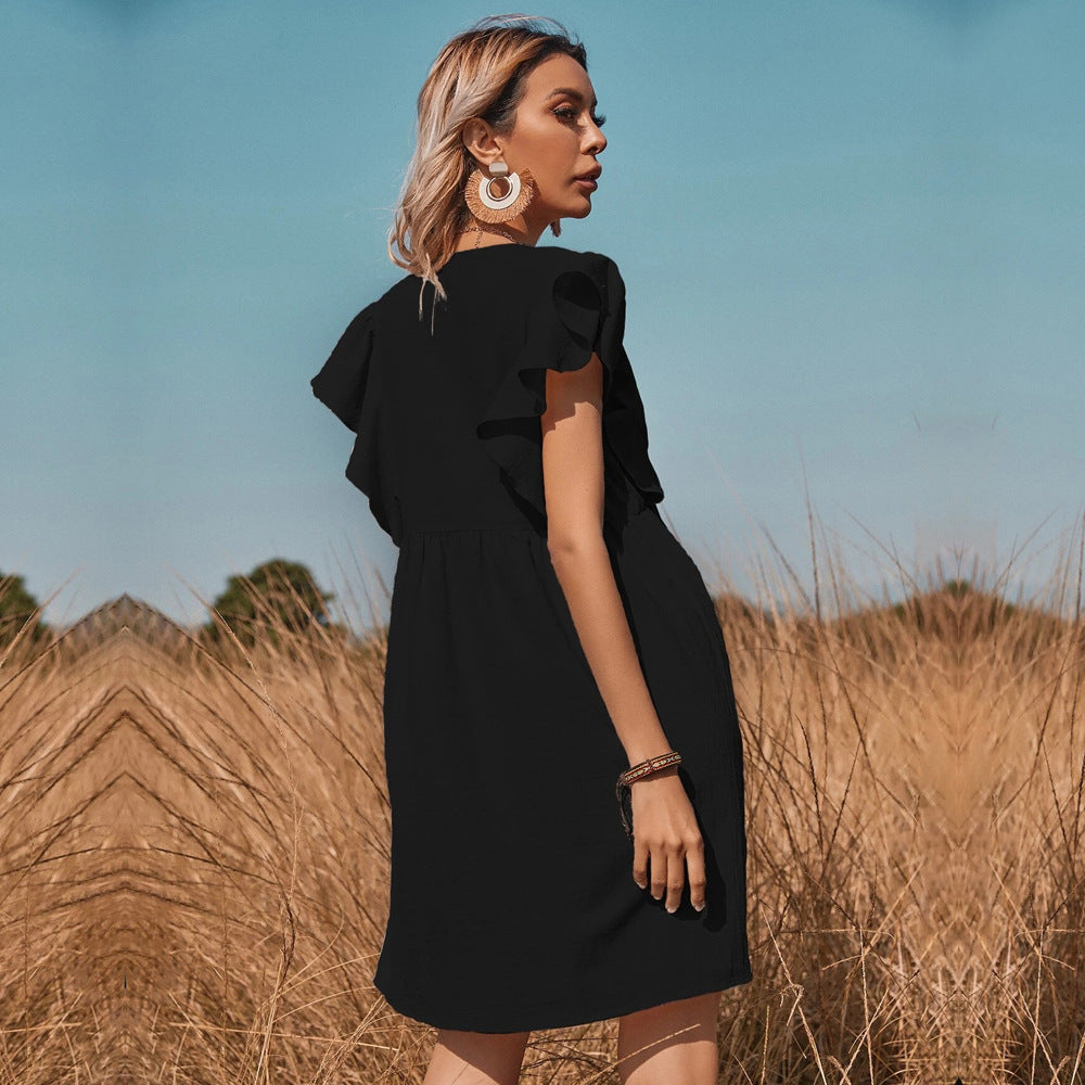 Vestido pastoral todo fósforo con cuello en V y una hilera de botones para mujer