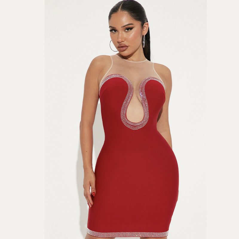 Women Clothing Rhinestone Mesh round Neck Dress Sexy Hip Bandage Dress