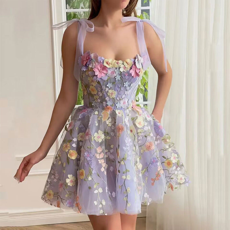 Vestido camisero sexy con bordado floral tridimensional para mujer de organza