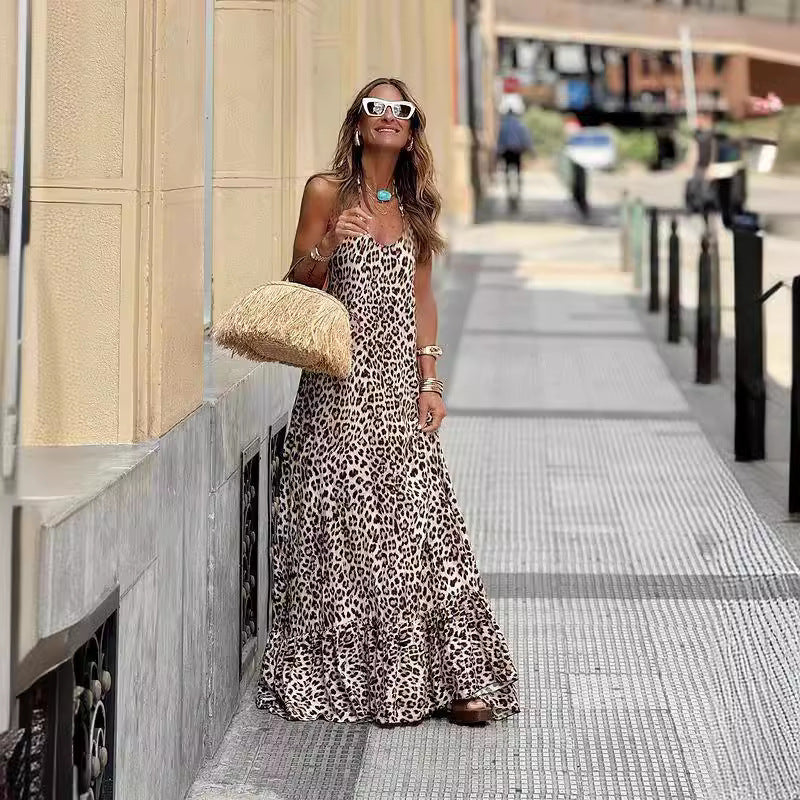 Vestido camisero sexy con cuello en V y espalda descubierta con estampado de leopardo