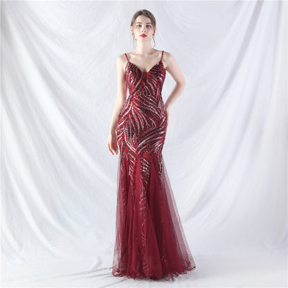 Lamination Sequin Stitching Mesh Camisole Evening Dress