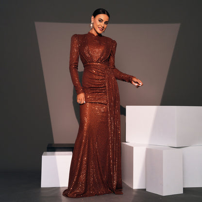 Evening Dress Long Sleeve Crew Neck Sexy Slim Long Sequined Cocktail Bridesmaid Dress Dress Women