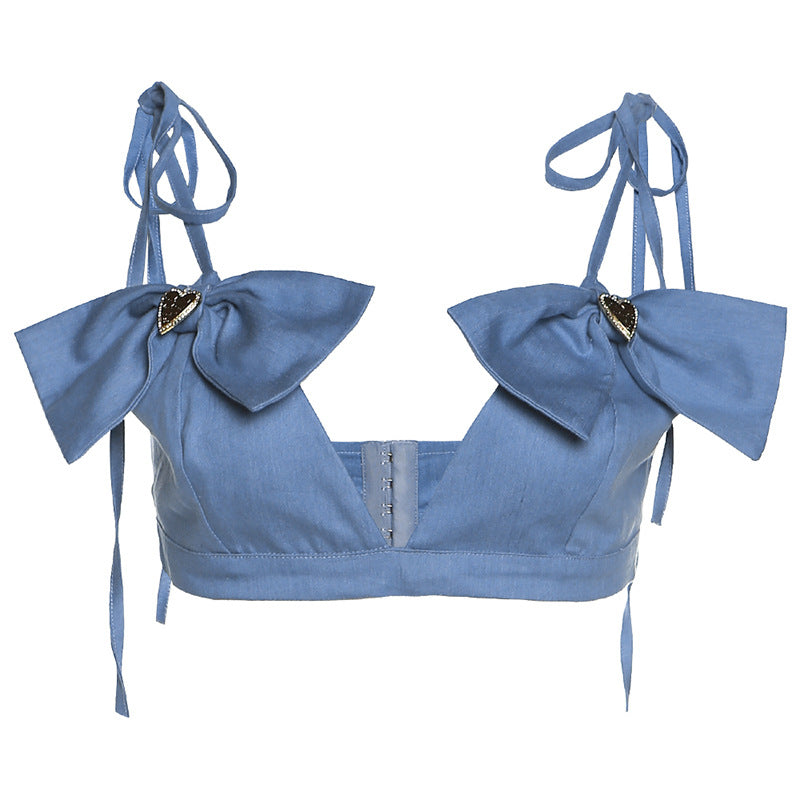 Gilet en Denim de couleur unie pour femmes, tendance d'été avec nœud papillon 3D, dos nu, coupe cintrée