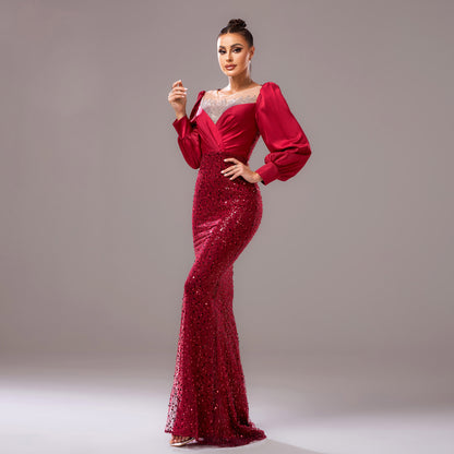 Long Sleeve round Neck Cocktail Hip Wrapped Rhinestone Sequined Evening Dress Bridesmaid Dress Dress Women