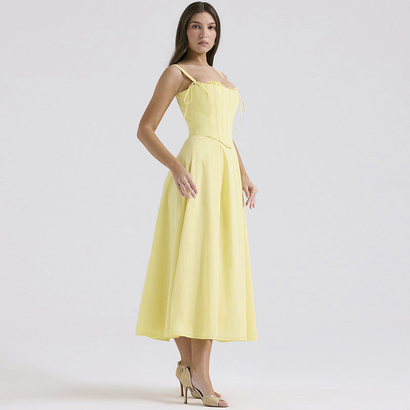 Vestido elegante de primavera con tirantes y abertura en las orejas de madera para mujer