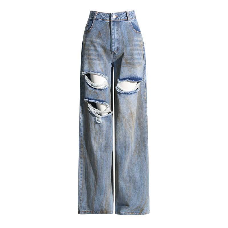 Printemps Niche Design taille moyenne personnalité déchiré bordure peint Long Denim pantalon à jambes larges pour les femmes