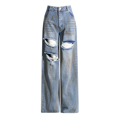 Printemps Niche Design taille moyenne personnalité déchiré bordure peint Long Denim pantalon à jambes larges pour les femmes