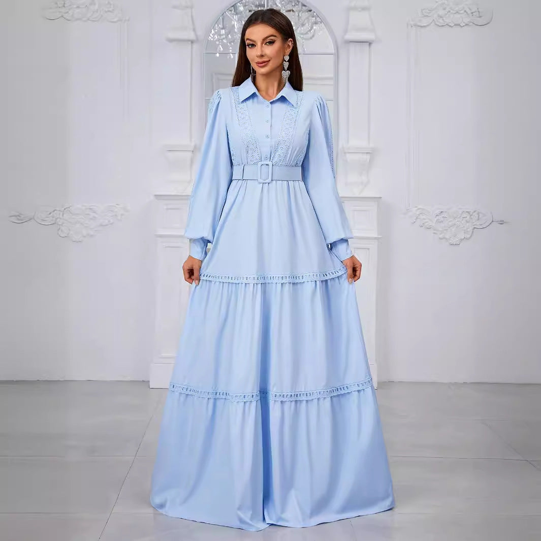 Ladies Cocktail Evening Dress Collared Long Sleeve Embroidered Lace Sweet Dress Containing Belt