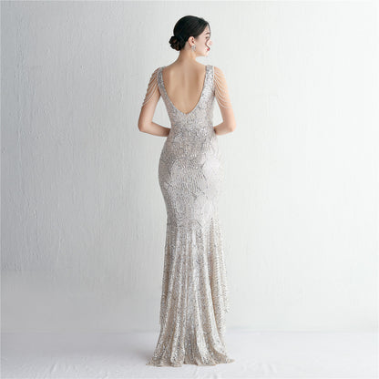 Sequin Craft Beaded Party Dress Long Cocktail Slim Fit Evening Dress Elegant