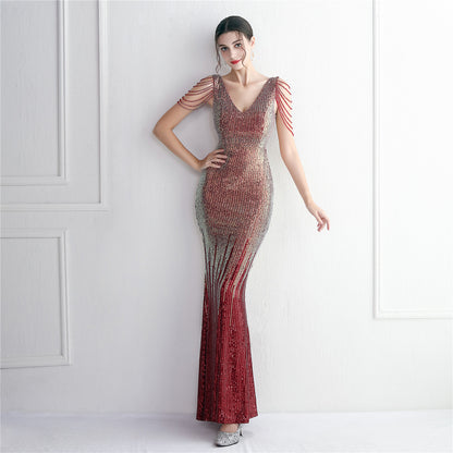 Mixed Color Sequin Craft Beaded Party Dress Long Cocktail Slim Fit Evening Dress Elegant Long