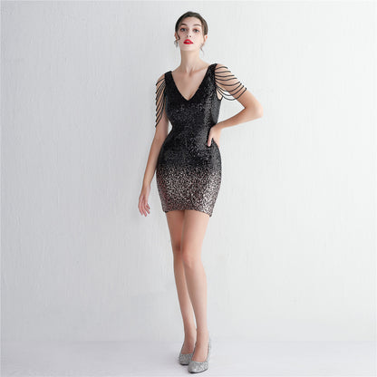 Gradient Sequin Craft Beaded Party Dress Long Cocktail Slim Fit Evening Dress Elegant Short