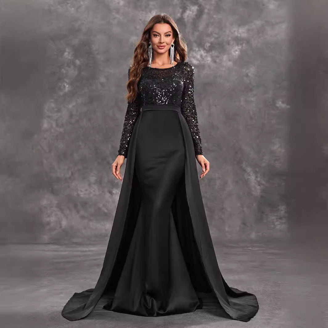 Robe de soirée de bal pour femmes, paillettes, manches longues, col rond, Sexy, élégante, noire, robe formelle