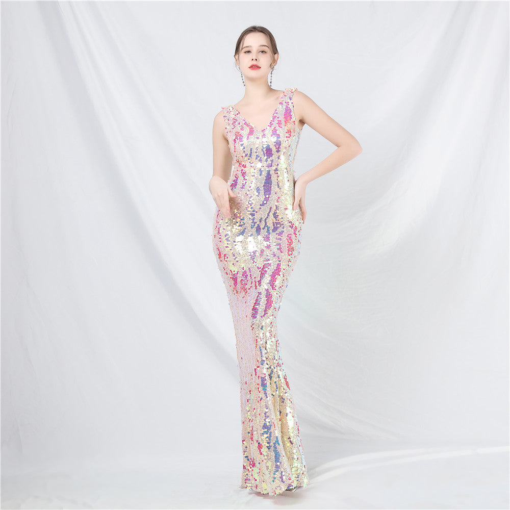 Robe de soirée longue à paillettes colorées