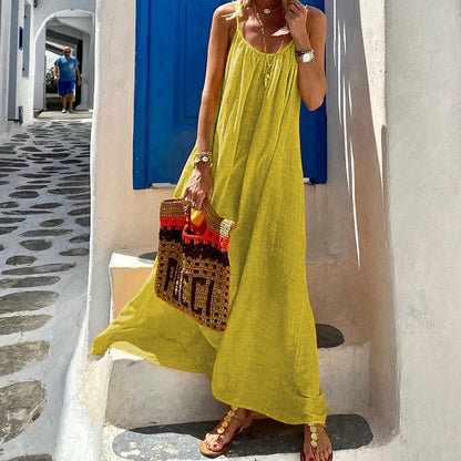 Ropa de mujer Vestido de lino de algodón bohemio de playa sin espalda con tirantes de verano