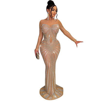 Women Solid Color Mesh See Through Rhinestone Long Sleeve Dress