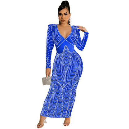 Sexy Nightclub Rhinestone Mesh See through V neck Long Sleeve Dress Women