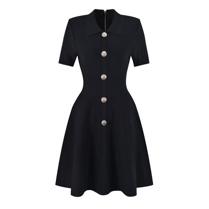 Spring Autumn High Quality Knitted Collared Slim Slimming A line Dress for Women