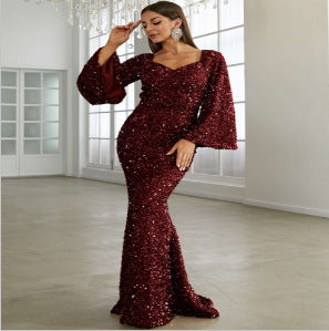 Elegant Sequ Toast Dress Mid Length Slimming Solid Color V neck Evening Dress Women