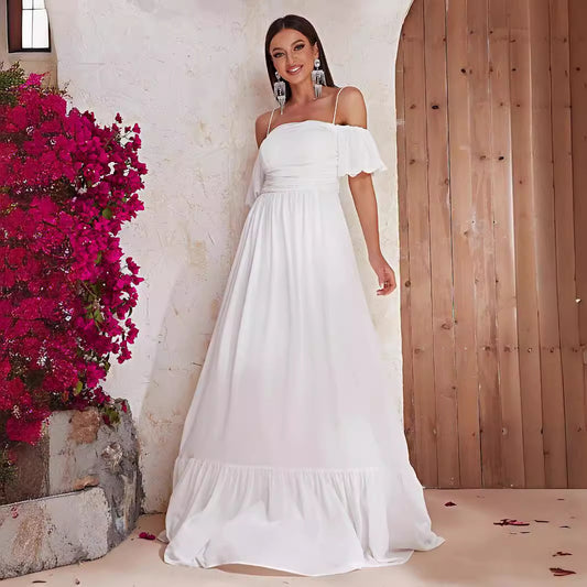 Summer Off Shoulder White Maxi Dress Short Sleeve Prom Evening Dress Long Casual Holiday Dress