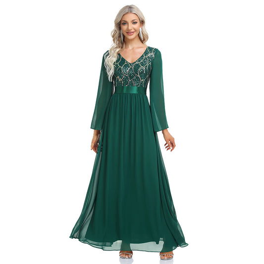 Autumn Winter Quality Chiffon Stitching Sequined Maxi Dress V neck Long Sleeve a Swing Elastic Waist Evening Dress for Women